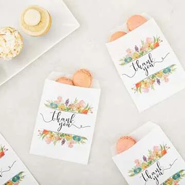 Juvale 100 Pack Paper Cookie Bags, 5 x 7 Inch for Party Favors, Treats, Candy, Wedding, Individual Bag with Floral Thank You Design, Mini Gift Bags for Snacks, Goodies