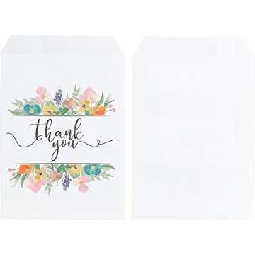 Juvale 100 Pack Paper Cookie Bags, 5 x 7 Inch for Party Favors, Treats, Candy, Wedding, Individual Bag with Floral Thank You Design, Mini Gift Bags for Snacks, Goodies