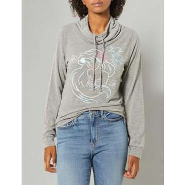 Disney womens Digital Wave Graphic Women's Long Sleeve Cowls Top Shirt, Grey Ariel_lights, Large US