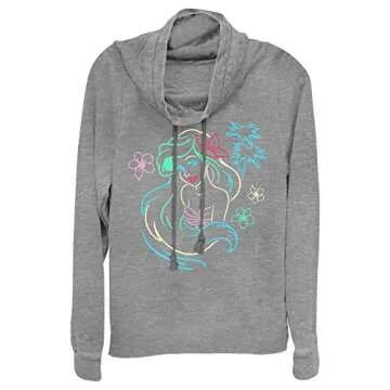 Disney womens Digital Wave Graphic Women's Long Sleeve Cowls Top Shirt, Grey Ariel_lights, Large US