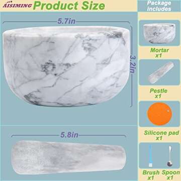 Mortar and Pestle Set Polished Natural Marble Stone Guacamole Molcajete Bowl with Base Silicone Pad,Matching Stainless Spoon and Matching Small Brush (Large, White Gray)