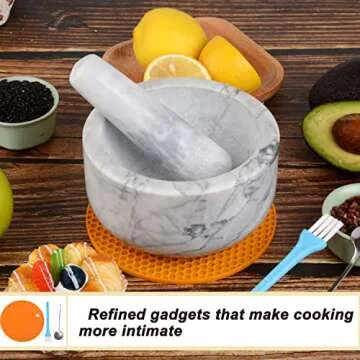 Mortar and Pestle Set Polished Natural Marble Stone Guacamole Molcajete Bowl with Base Silicone Pad,Matching Stainless Spoon and Matching Small Brush (Large, White Gray)