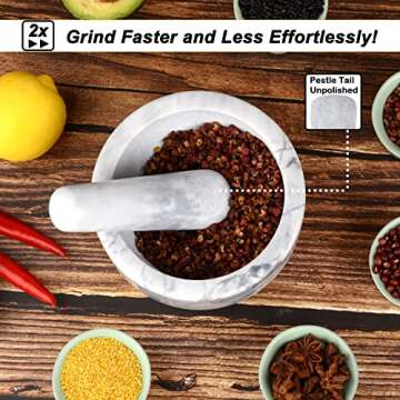 Mortar and Pestle Set Polished Natural Marble Stone Guacamole Molcajete Bowl with Base Silicone Pad,Matching Stainless Spoon and Matching Small Brush (Large, White Gray)