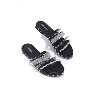 Cape Robbin Xtreme Studded Womens Sandals - Fashion Slides for Women with Spikes - Comfortable Slip-On Flat Sandals for Women - Summer Sandals for Women 2024 - Black Size 8