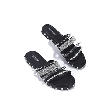 Cape Robbin Xtreme Studded Womens Sandals - Fashion Slides for Women with Spikes - Comfortable Slip-On Flat Sandals for Women - Summer Sandals for Women 2024 - Black Size 8