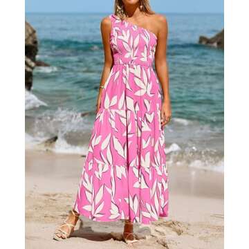 XIONGMEI Women's Summer Dresses 2024 Fashion One Shoulder Smocked High Waist Floral Print Boho Flowy Long A-Line Dress(Pink Beige Leaves,Medium)