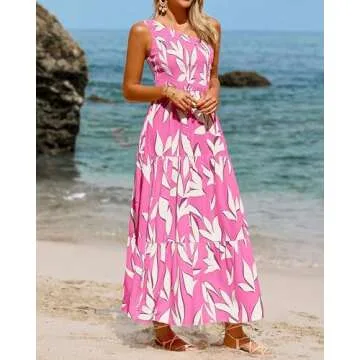 XIONGMEI Women's Summer Dresses 2024 Fashion One Shoulder Smocked High Waist Floral Print Boho Flowy Long A-Line Dress(Pink Beige Leaves,Medium)