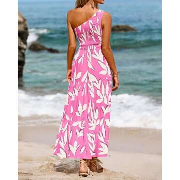 XIONGMEI Women's Summer Dresses 2024 Fashion One Shoulder Smocked High Waist Floral Print Boho Flowy Long A-Line Dress(Pink Beige Leaves,Medium)