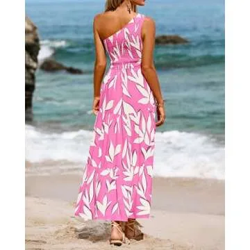 XIONGMEI Women's Summer Dresses 2024 Fashion One Shoulder Smocked High Waist Floral Print Boho Flowy Long A-Line Dress(Pink Beige Leaves,Medium)