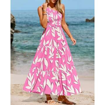 XIONGMEI Women's Summer Dresses 2024 Fashion One Shoulder Smocked High Waist Floral Print Boho Flowy Long A-Line Dress(Pink Beige Leaves,Medium)