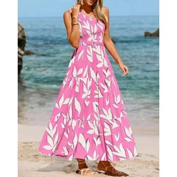 XIONGMEI Women's Summer Dresses 2024 Fashion One Shoulder Smocked High Waist Floral Print Boho Flowy Long A-Line Dress(Pink Beige Leaves,Medium)