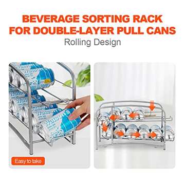 Bextsrack Soda Can Organizer for Refrigerator, 2 Pack Stackable Beverage Can Dispenser Rack for Fridge, Freezer, Kitchen, Countertop, Cabinet, Holds up to 24 Cans, Silver