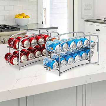 Bextsrack Soda Can Organizer for Refrigerator, 2 Pack Stackable Beverage Can Dispenser Rack for Fridge, Freezer, Kitchen, Countertop, Cabinet, Holds up to 24 Cans, Silver