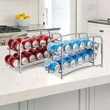 Bextsrack Soda Can Organizer for Refrigerator, 2 Pack Stackable Beverage Can Dispenser Rack for Fridge, Freezer, Kitchen, Countertop, Cabinet, Holds up to 24 Cans, Silver