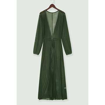 Women's Sexy Thin Mesh Long Sleeve Tie Front Swimsuit Swim Beach Maxi Cover Up Dress