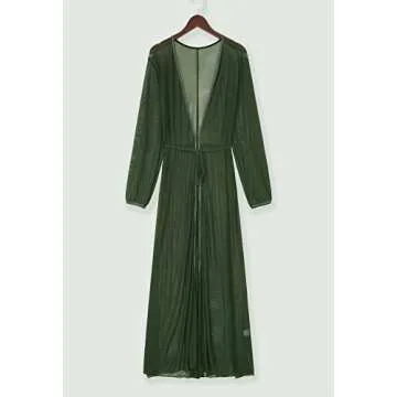 Women's Sexy Thin Mesh Long Sleeve Tie Front Swimsuit Swim Beach Maxi Cover Up Dress