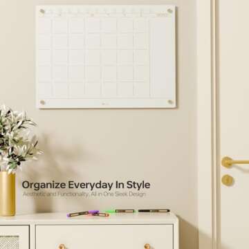 Glass Golden Monthly Dry Erase Calendar Whiteboard for Wall, 17" x 23", Frameless Large Monthly Plan...