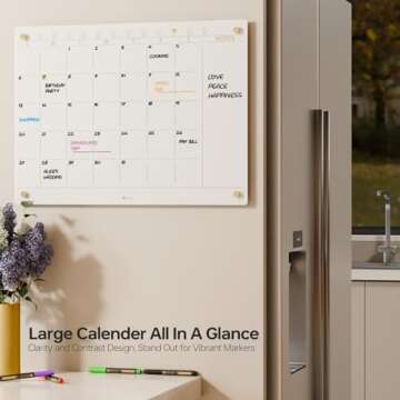 Glass Golden Monthly Dry Erase Calendar Whiteboard for Wall, 17" x 23", Frameless Large Monthly Planner Menu White Board for Home Kitchen, Office, 4 Wet Erase Markers Included, Yeoux