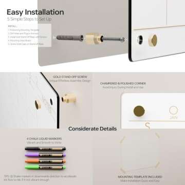 Glass Golden Monthly Dry Erase Calendar Whiteboard for Wall, 17" x 23", Frameless Large Monthly Planner Menu White Board for Home Kitchen, Office, 4 Wet Erase Markers Included, Yeoux