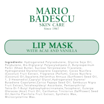 Mario Badescu Lip Mask with Acai and Vanilla for All Skin Types, Overnight Lip Treatment Enriched With Skin Softening Coconut Oil and Hydrating Shea Butter, 0.5 Ounces