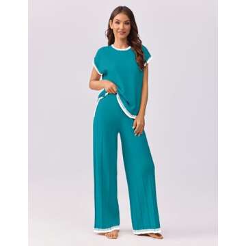 Ekouaer Womens Matching Sets Knit Sweater Sets 2 Pieces Outfits Pullover Tops Wide Legs Pants Lounge Set Sky Blue