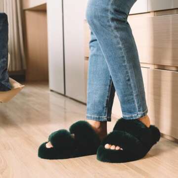 FamilyFairy Women's Fluffy Faux Fur Slippers - Cozy Two Band Slides