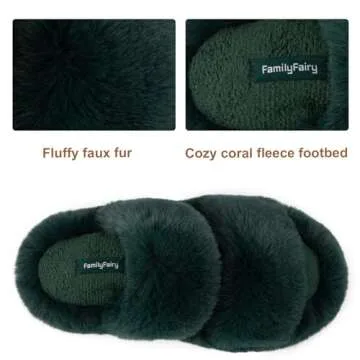 FamilyFairy Fluffy Faux Fur Open Toe Slippers for Women