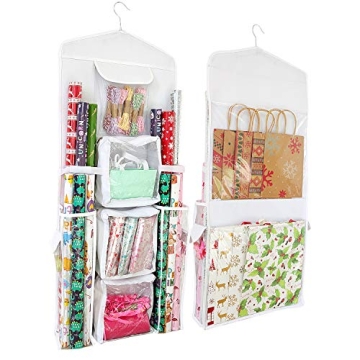 SumDirect Double-Sided Gift Wrap Organizer - White Hanging Wrapping Paper Gift Bag Storage Holder Pockets