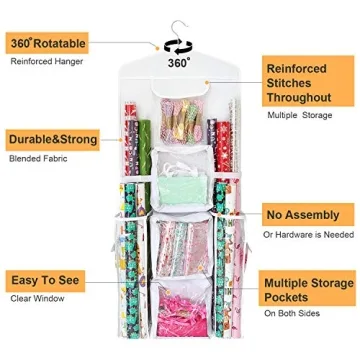 SumDirect Double-Sided Gift Wrap Organizer - White Hanging Wrapping Paper Gift Bag Storage Holder Pockets