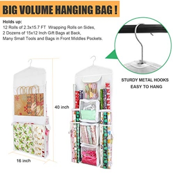 SumDirect Double-Sided Gift Wrap Organizer - White Hanging Wrapping Paper Gift Bag Storage Holder Pockets