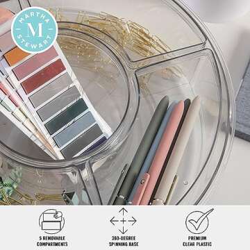 Martha Stewart Brody Divided Lazy Susan Organizer with 5 Removable Bins, Plastic 360° Rotating Desk Storage Organizer, 12 Inch, Clear