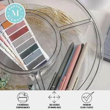 Martha Stewart Brody Divided Lazy Susan Organizer with 5 Removable Bins, Plastic 360° Rotating Desk Storage Organizer, 12 Inch, Clear