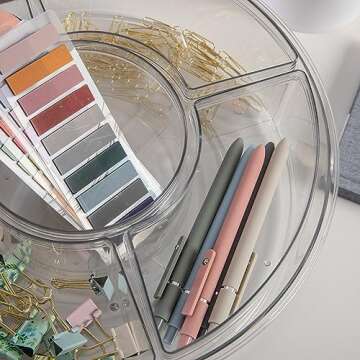 Martha Stewart Brody Divided Lazy Susan Organizer with 5 Removable Bins, Plastic 360° Rotating Desk Storage Organizer, 12 Inch, Clear