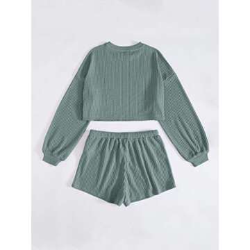 Verdusa Women's Rib Knit Long Sleeve Lounge Set 2 Piece PJ Set Nightwear Pajama Set Green L