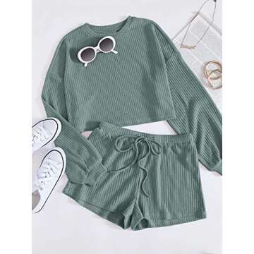 Verdusa Women's Rib Knit Long Sleeve Lounge Set 2 Piece PJ Set Nightwear Pajama Set Green L