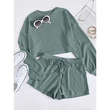 Verdusa Women's Rib Knit Long Sleeve Lounge Set 2 Piece PJ Set Nightwear Pajama Set Green L