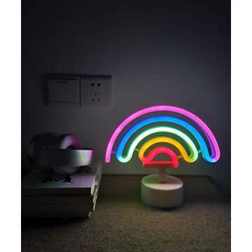 Cute Rainbow Neon Light with Lamp Base Christmas Art Decorative Rainbow Neon Signs Table Night Light...