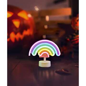 Cute Rainbow Neon Light with Lamp Base Christmas Art Decorative Rainbow Neon Signs Table Night Light Battery Powered for Kids' Bedroom Home, Valentine’s Day, Christmas