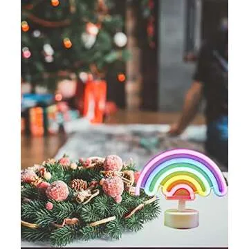 Cute Rainbow Neon Light with Lamp Base Christmas Art Decorative Rainbow Neon Signs Table Night Light Battery Powered for Kids' Bedroom Home, Valentine’s Day, Christmas