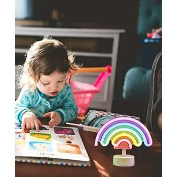 Cute Rainbow Neon Light with Lamp Base Christmas Art Decorative Rainbow Neon Signs Table Night Light Battery Powered for Kids' Bedroom Home, Valentine’s Day, Christmas