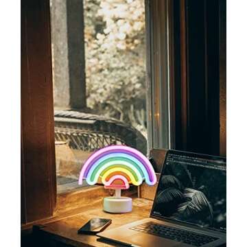 Cute Rainbow Neon Light with Lamp Base Christmas Art Decorative Rainbow Neon Signs Table Night Light Battery Powered for Kids' Bedroom Home, Valentine’s Day, Christmas