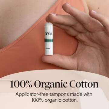 Cora 100% Organic Cotton Non-Applicator Tampons | Ultra-Absorbent, Unscented, Natural, Non-Toxic, Applicator Free | Eco-Conscious (54 R/S/S+ Tampons)