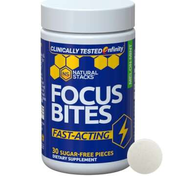 NATURAL STACKS Focus Bites for Enhanced Productivity & Cognition - Caffeine-Free Melon Mint Chewable...