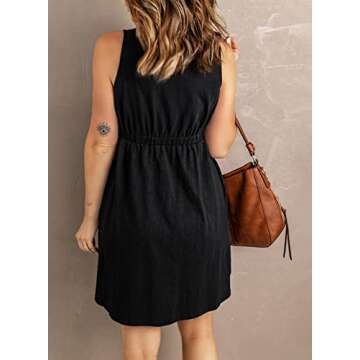 Acelitt Women's Casual Summer 2025 Fashion V Neck Sleeveless Button Down Dresses Elastic Waist Pleat...