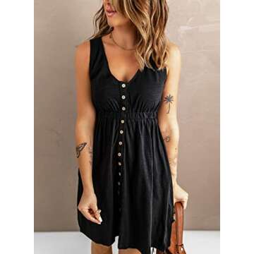 Acelitt Women's Casual Summer 2025 Fashion V Neck Sleeveless Button Down Dresses Elastic Waist Pleated Mini A-Line Swing Dress Black Small