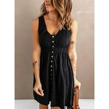 Acelitt Women's Casual Summer 2025 Fashion V Neck Sleeveless Button Down Dresses Elastic Waist Pleated Mini A-Line Swing Dress Black Small