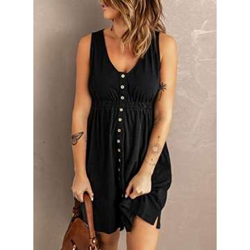 Acelitt Women's Casual Summer 2025 Fashion V Neck Sleeveless Button Down Dresses Elastic Waist Pleated Mini A-Line Swing Dress Black Small