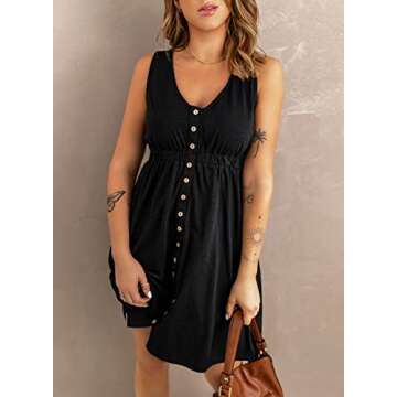 Acelitt Women's Casual Summer 2025 Fashion V Neck Sleeveless Button Down Dresses Elastic Waist Pleated Mini A-Line Swing Dress Black Small