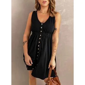 Acelitt Women's Casual Summer 2025 Fashion V Neck Sleeveless Button Down Dresses Elastic Waist Pleated Mini A-Line Swing Dress Black Small
