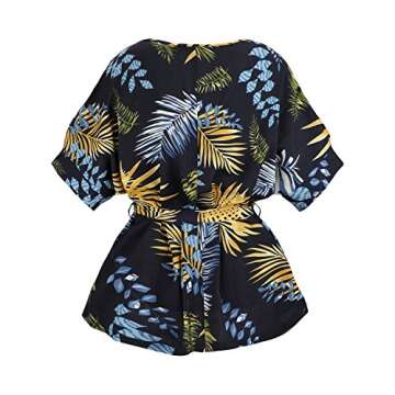 KILIG Women's Summer Tops Round Neck Self Tie Short Sleeve Casual Floral Blouse Tops(Floral-2,L)